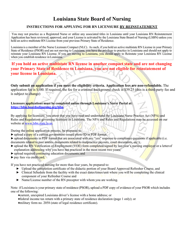 Louisiana RN Reinstatement Application Instructions screenshot