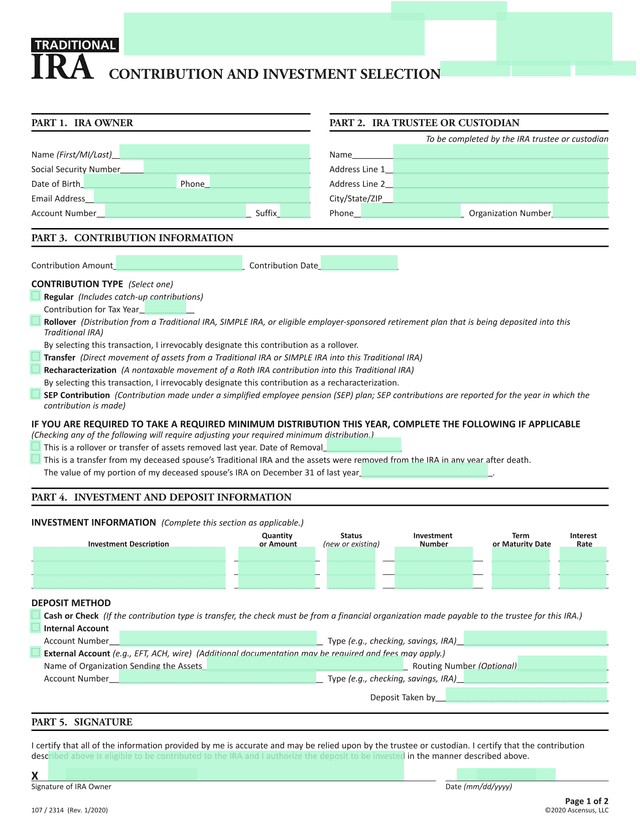 Traditional IRA Contribution And Investment Selection Form screenshot
