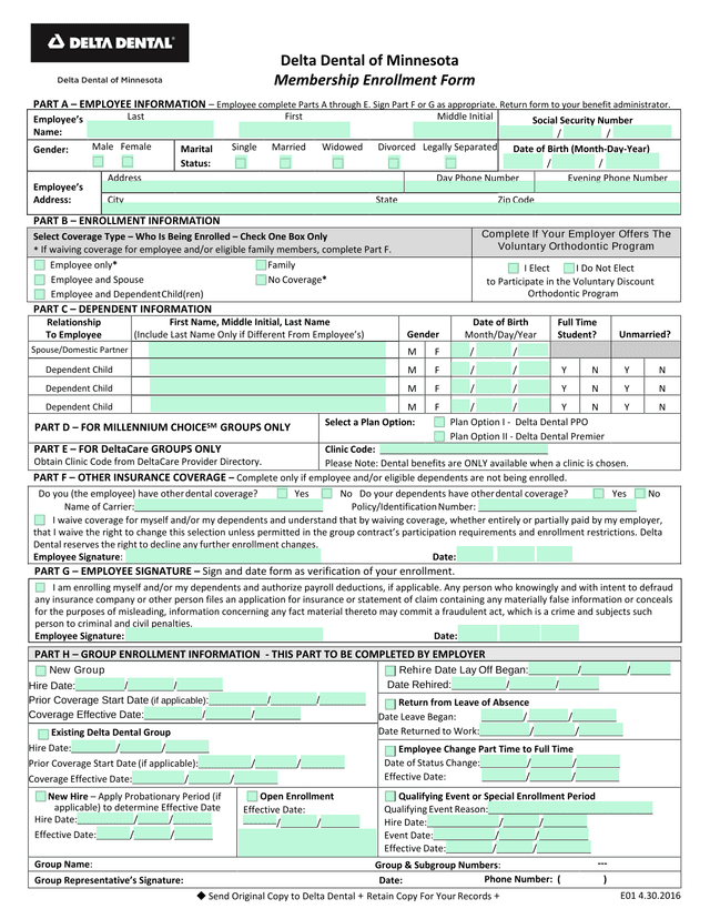 Delta Dental Of Minnesota Membership Enrollment Form screenshot