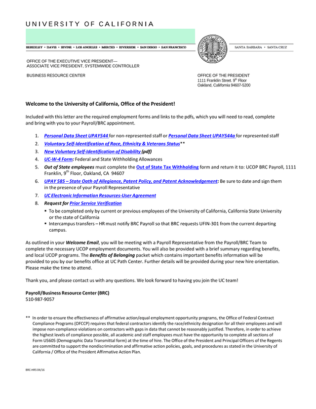 University Of California Employment Onboarding Packet screenshot