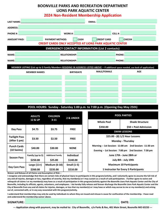 Lions Park Aquatic Center Membership Application screenshot