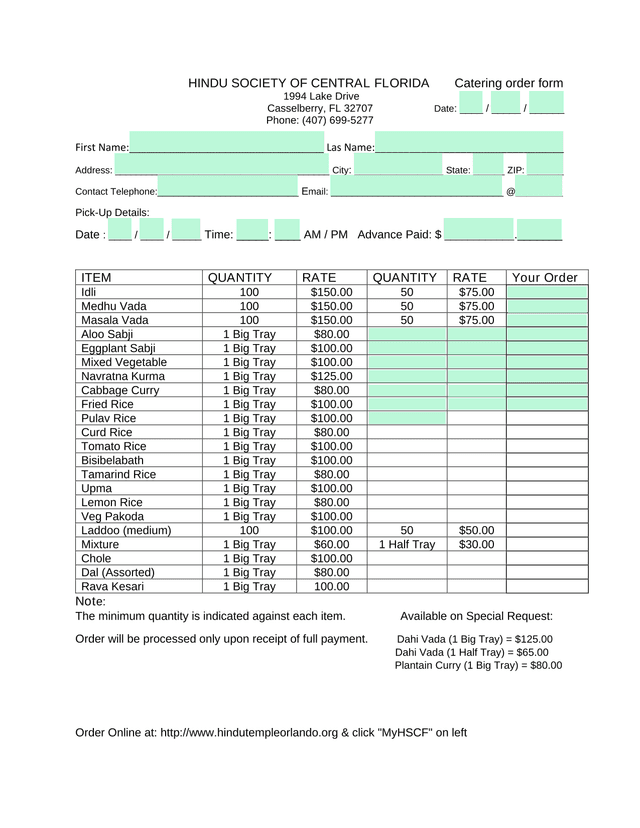 Hindu Society Of Central Florida Catering Order Form screenshot