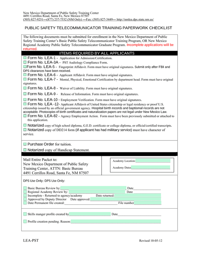 Public Safety Telecommunicator Training Paperwork Checklist screenshot