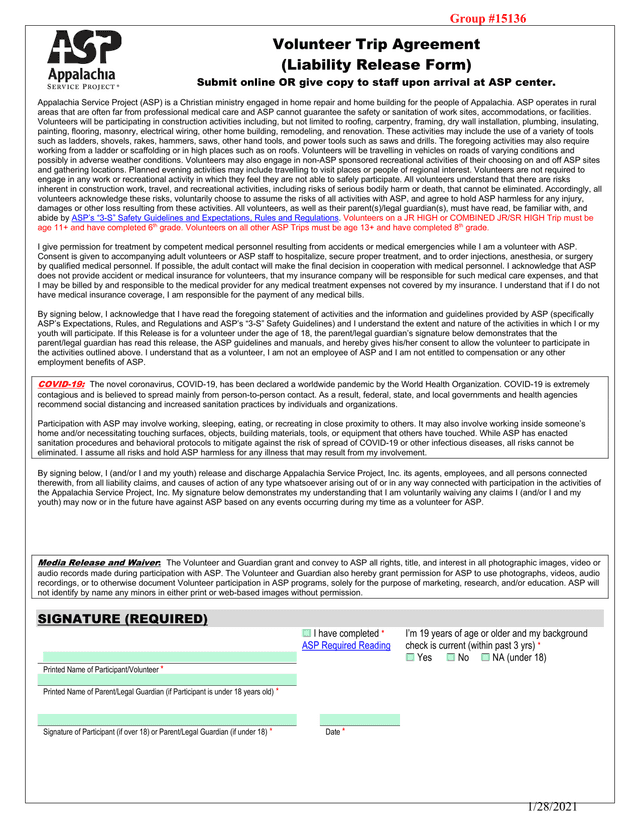 Appalachia Service Project (ASP) Volunteer Waiver And Consent Form screenshot