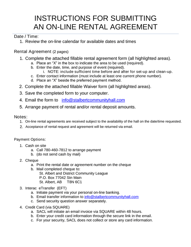 Facility Rental Agreement screenshot