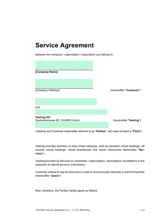Service Agreement screenshot