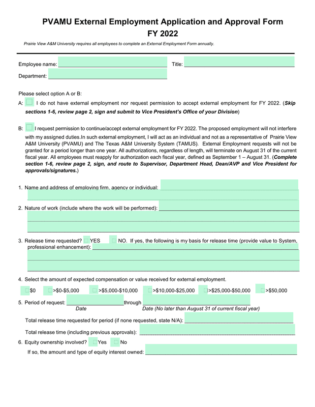 PVAMU External Employment Application And Approval Form screenshot