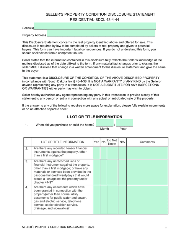 SELLERS PROPERTY CONDITION DISCLOSURE  2021 screenshot