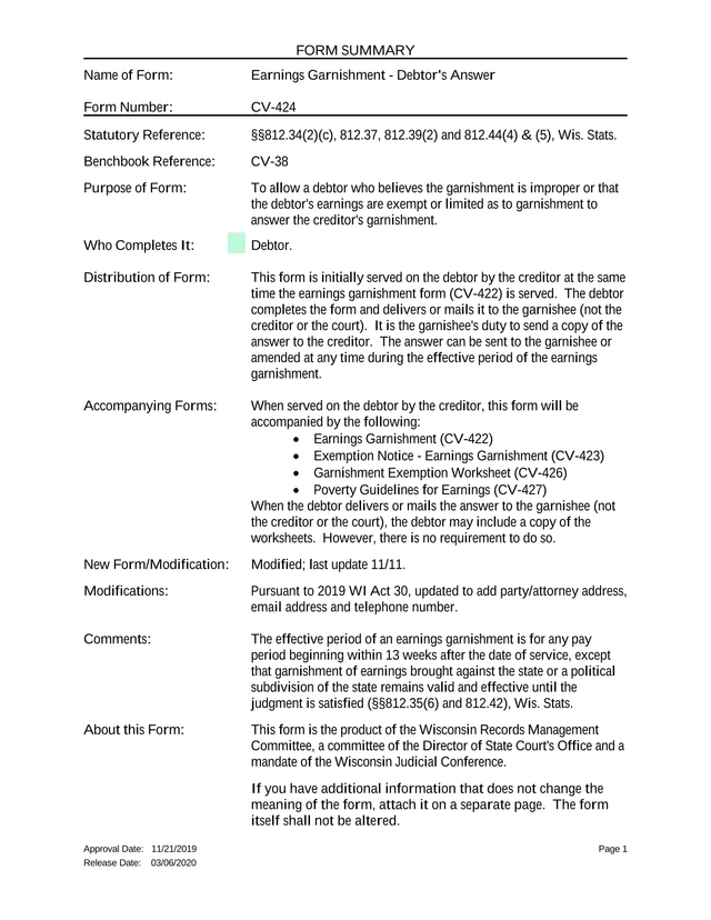 Earnings Garnishment   DebtorS Answer screenshot