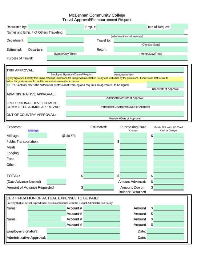 Travel ApprovalReimbursement Request screenshot