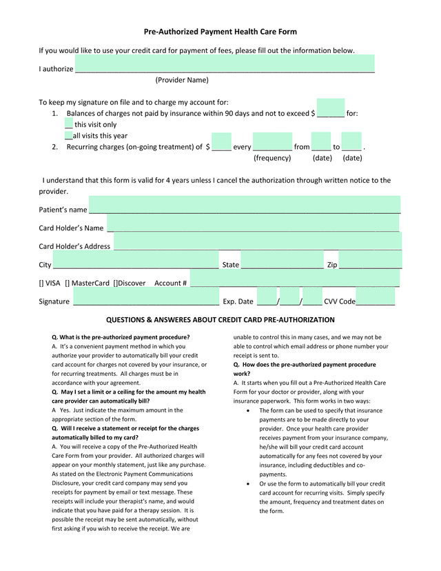 Pre Authorized Payment Health Care Form screenshot
