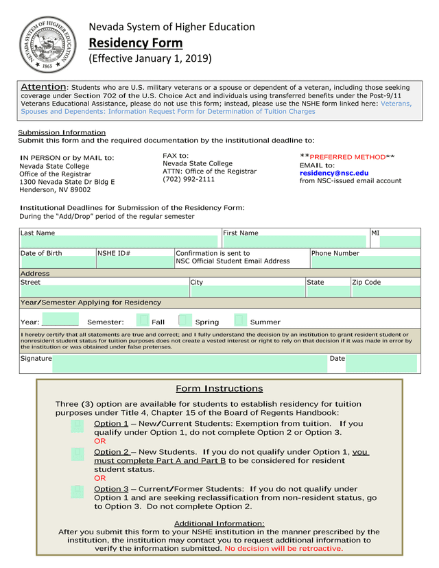Nevada System Of Higher Education Residency Form screenshot