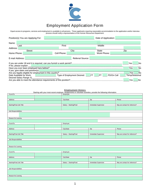 Employment Application Form screenshot