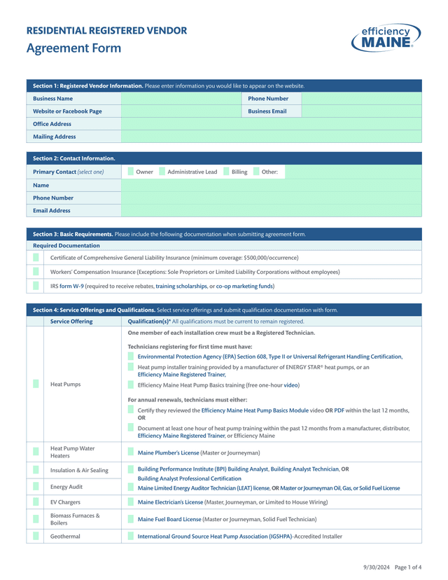 Residential Registered Vendor Agreement Form screenshot