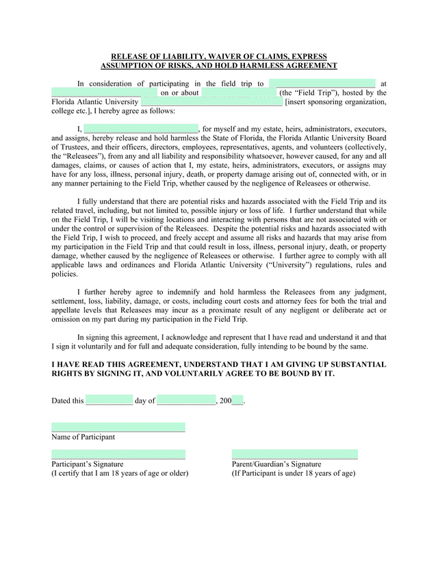 Release Of Liability, Waiver Of Claims, Express Assumption Of Risks, And Hold Harmless Agreement screenshot