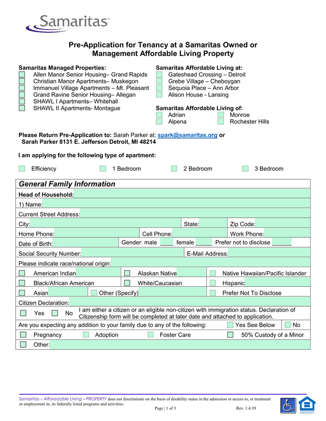 Pre Application For Tenancy At A Samaritas Owned Or Management Affordable Living Property screenshot