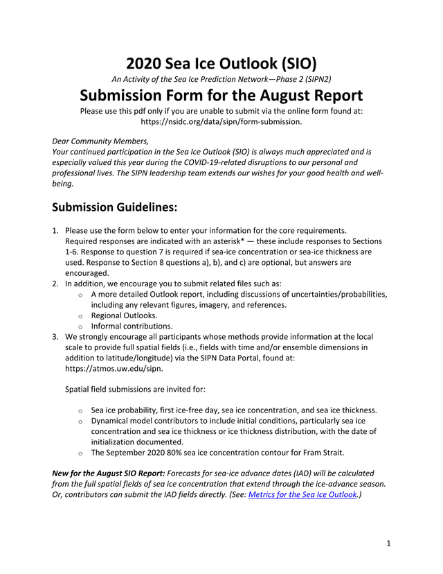2020 Sea Ice Outlook (SIO) Submission Form For The August Report screenshot