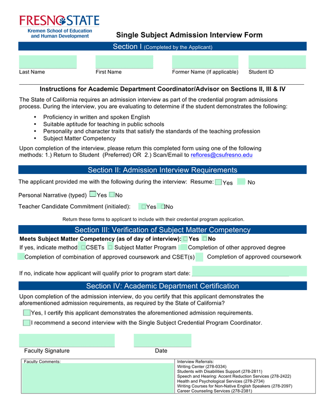 Single Subject Admission Interview Form screenshot