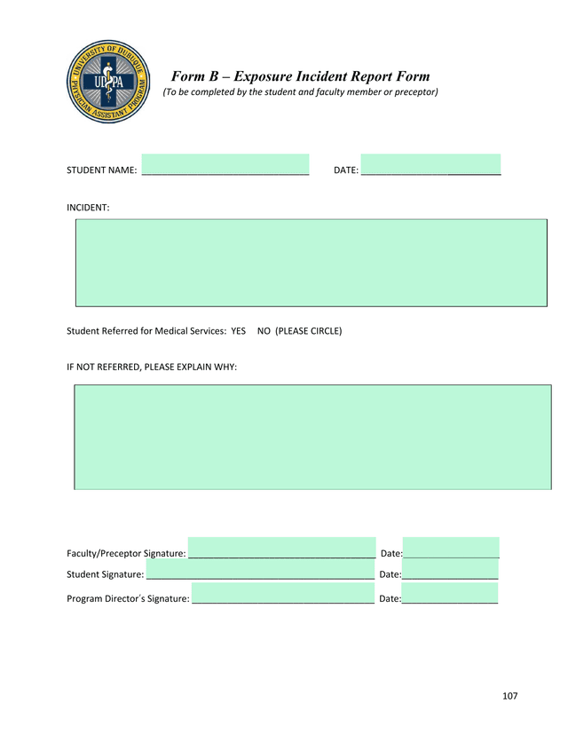 Form B  Exposure Incident Report Form screenshot