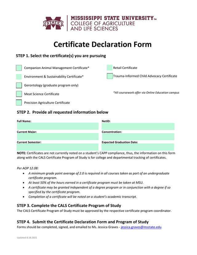 Certificate Declaration Form screenshot