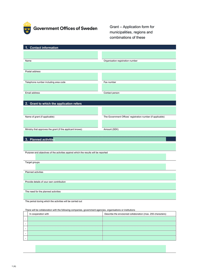 Grant  Application Form For Municipalities, Regions And Combinations Of These screenshot