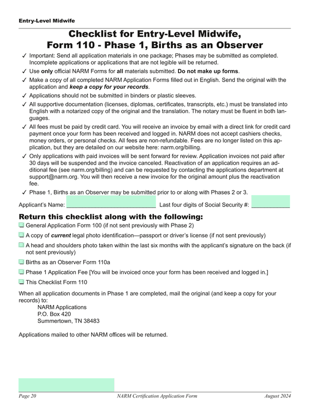 NARM Certification Application Form   Entry Level Midwife screenshot