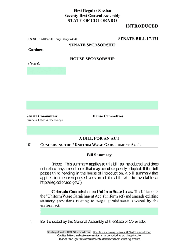 Senate Bill 17 131 Uniform Wage Garnishment Act screenshot