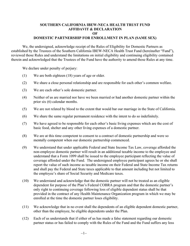 DOMESTIC PARTNERSHIP FOR ENROLLMENT IN PLAN (SAME SEX) screenshot