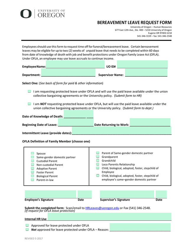 Bereavement Leave Request Form screenshot