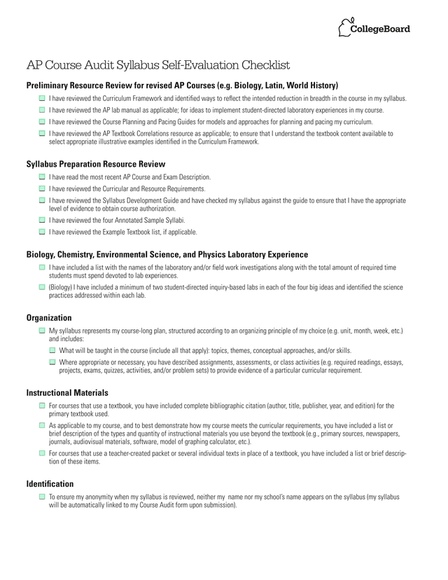 AP Course Audit Syllabus Self Evaluation Checklist screenshot