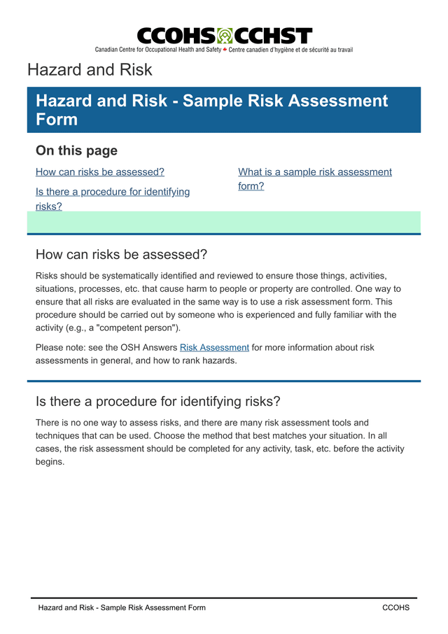 Hazard And Risk   Sample Risk Assessment Form screenshot