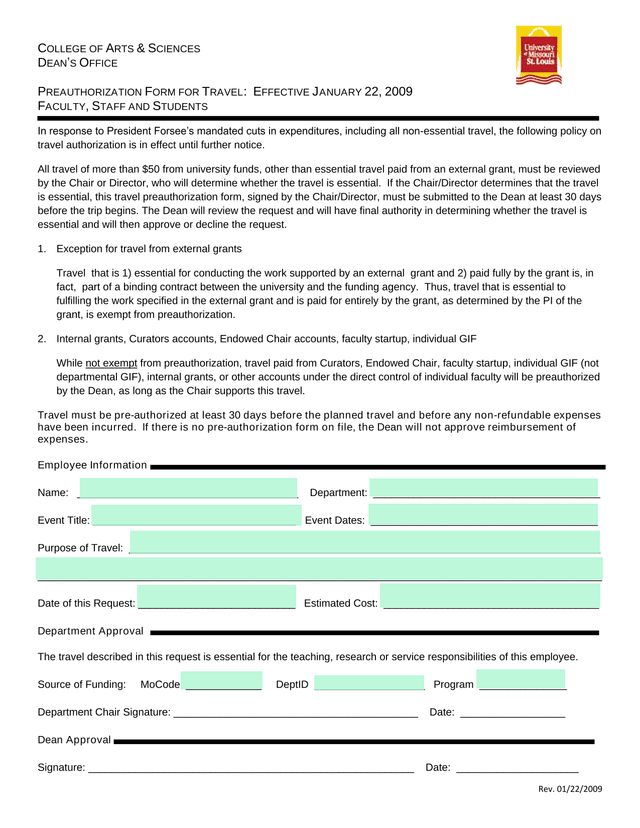 PREAUTHORIZATION FORM FOR TRAVEL screenshot