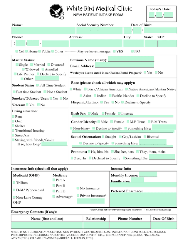 White Bird Medical Clinic NEW PATIENT INTAKE FORM screenshot
