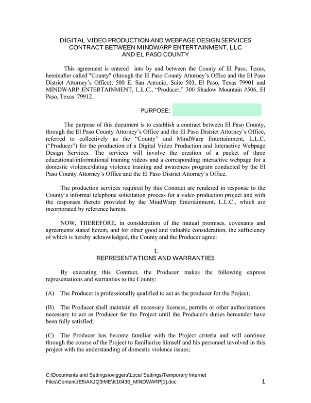 Digital Video Production And Webpage Design Services Contract screenshot