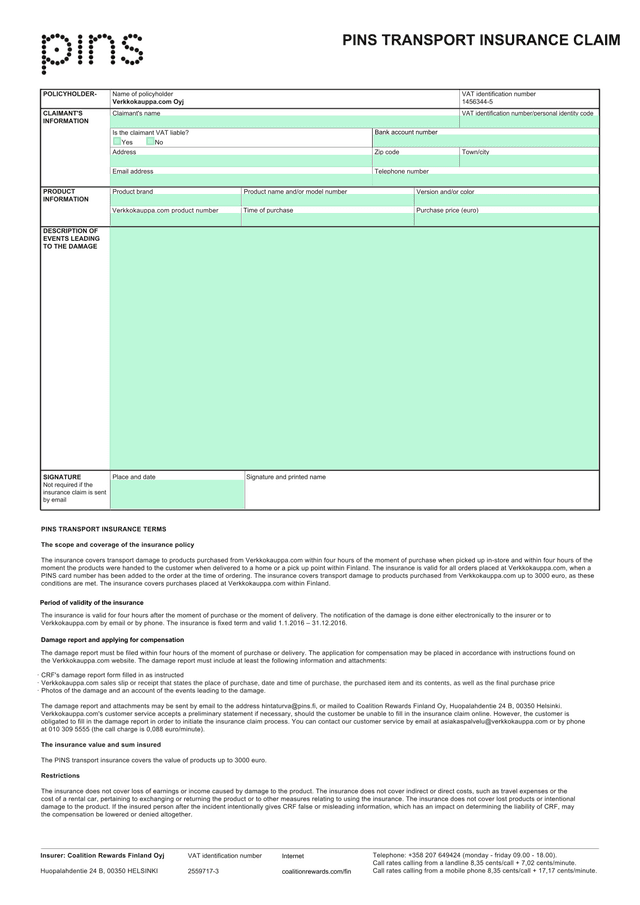 PINS Transport Insurance Claim screenshot