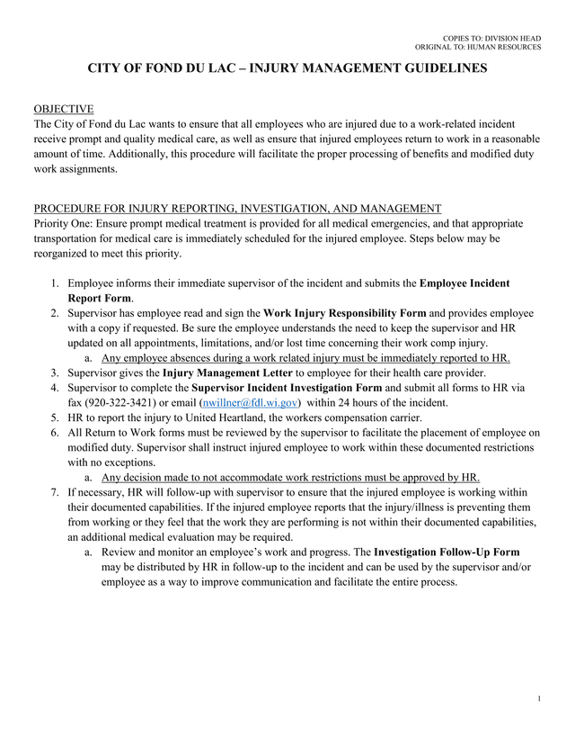 City Of Fond Du Lac  Injury Management Guidelines screenshot