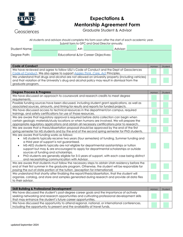 Expectations  Mentorship Agreement Form Graduate Student  Advisor screenshot