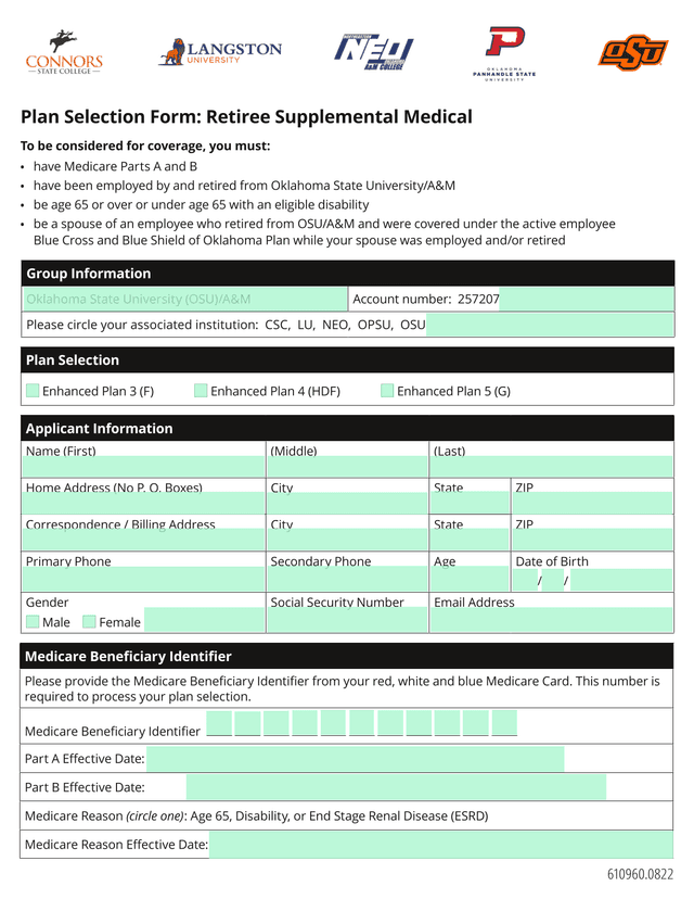 Plan Selection Form Retiree Supplemental Medical screenshot
