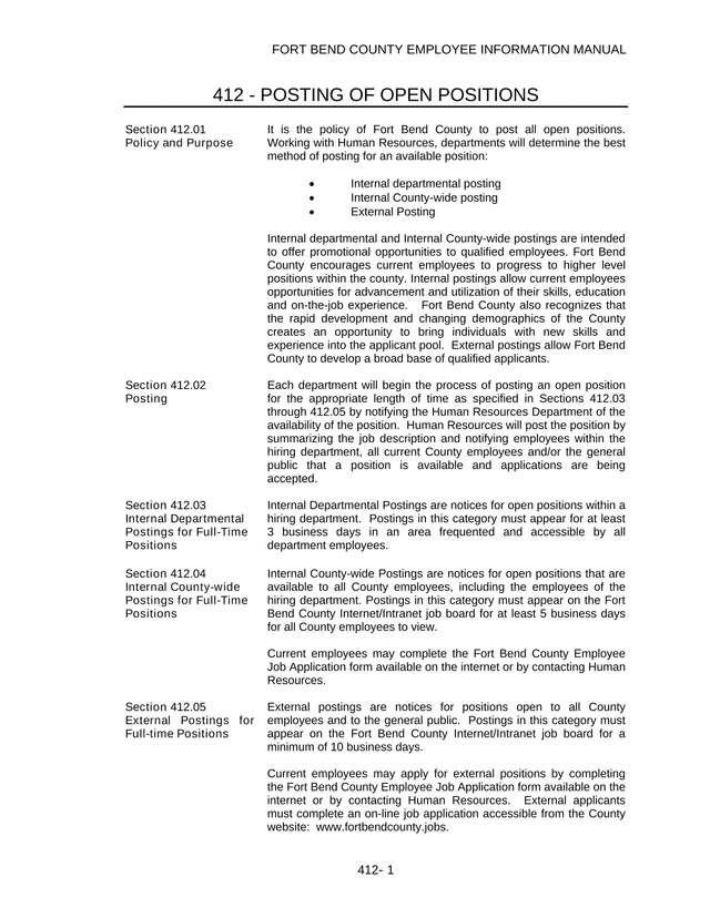 Fort Bend County Employee Information Manual   412 Posting Of Open Positions screenshot