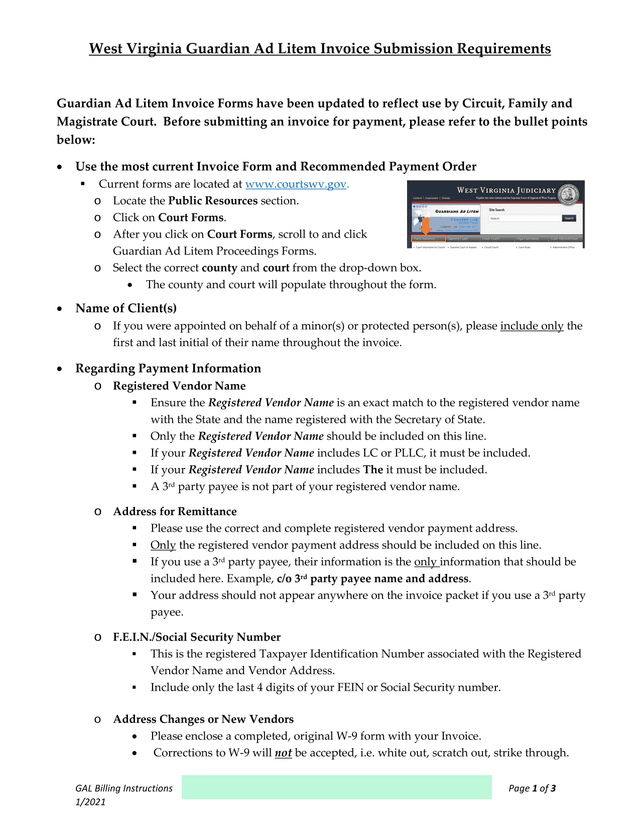 West Virginia Guardian Ad Litem Invoice Submission Requirements screenshot