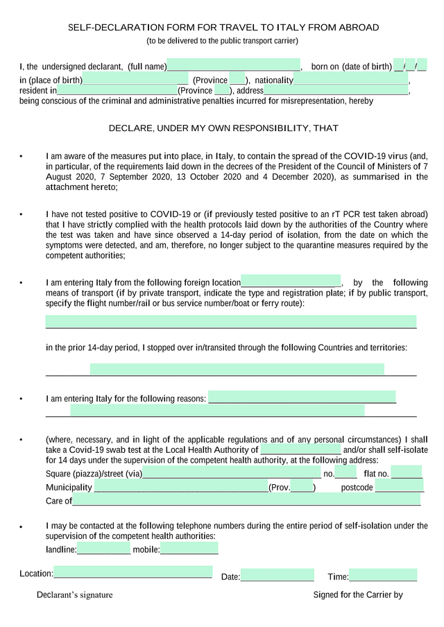 Self Declaration Form For Travel To Italy From Abroad screenshot