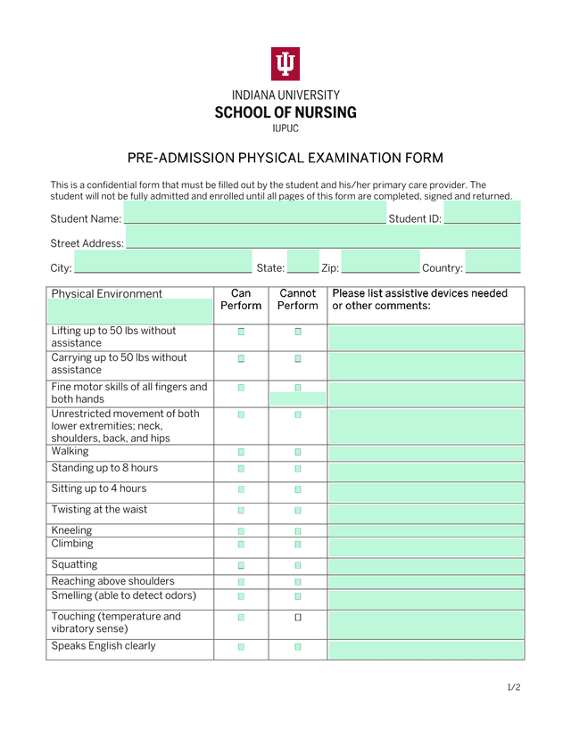 PRE ADMISSION PHYSICAL EXAMINATION FORM screenshot
