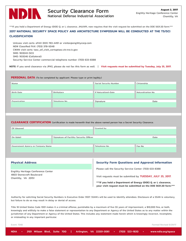 Security Clearance Form screenshot