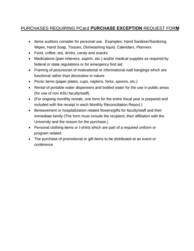 PURCHASES REQUIRING PCard PURCHASE EXCEPTION REQUEST FORM screenshot