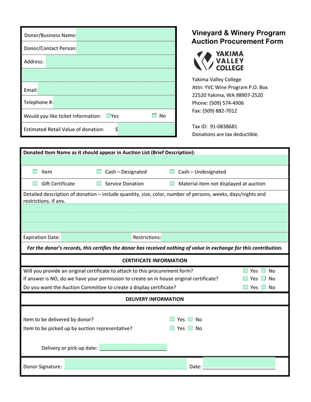 Auction Procurement Form screenshot