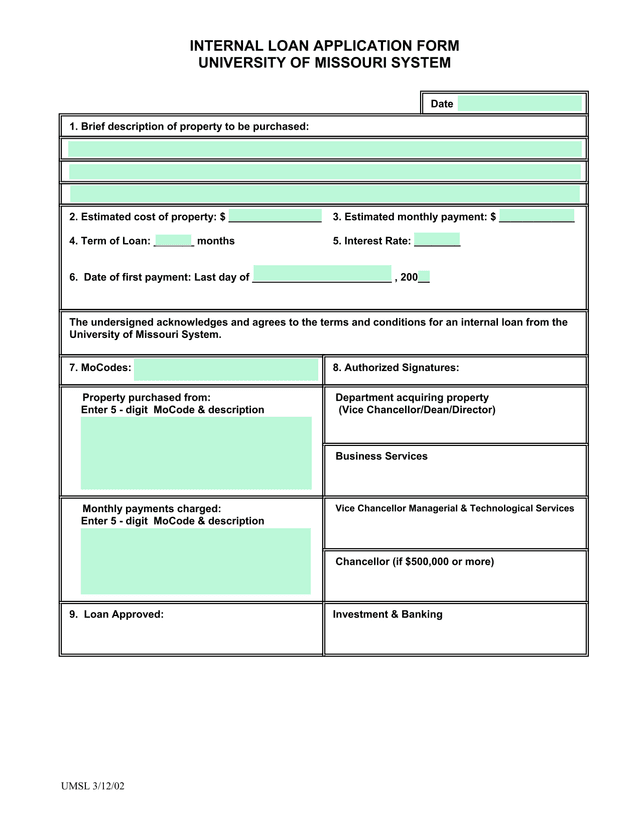 INTERNAL LOAN APPLICATION FORM screenshot