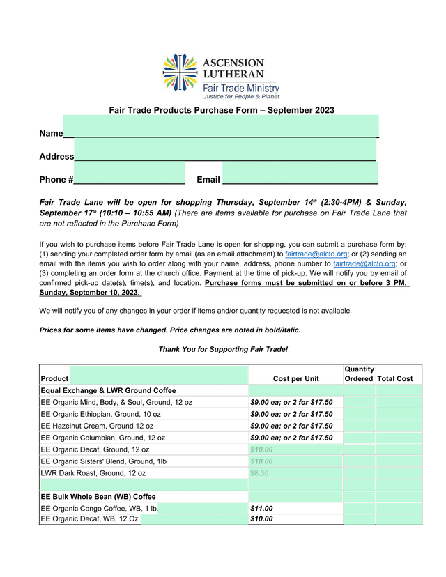Fair Trade Products Purchase Form  September 2023 screenshot