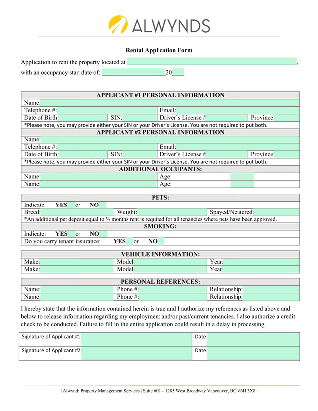 Rental Application Form screenshot