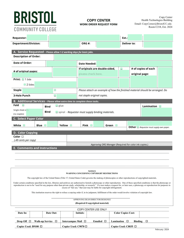 COPY CENTER WORK ORDER REQUEST FORM screenshot