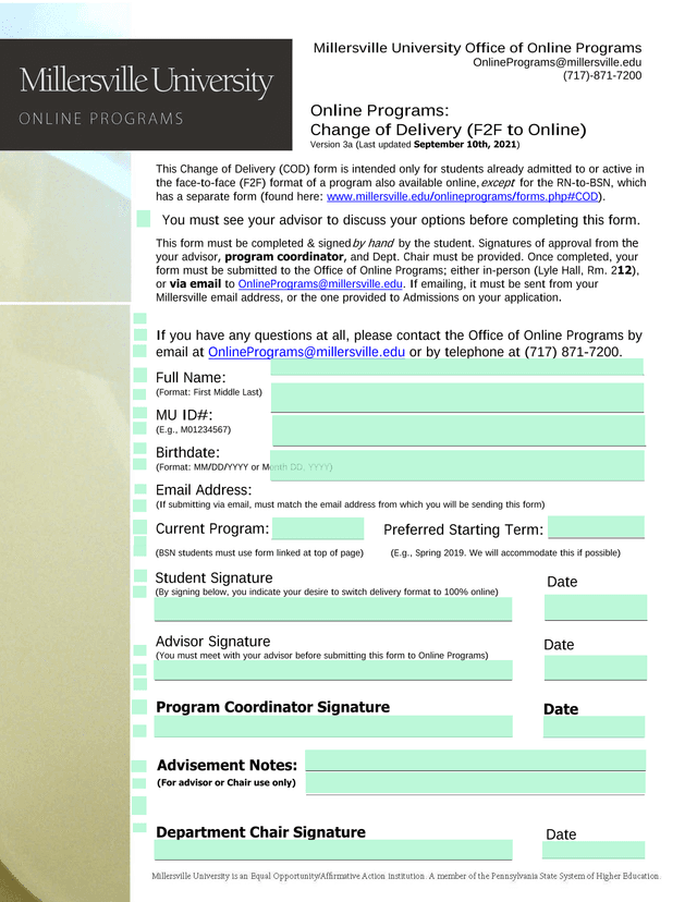 Change Of Delivery (F2F To Online) Form screenshot